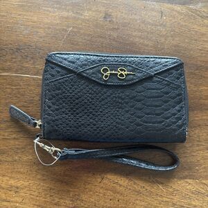 Jessica Simpson Womens Wristlet Black Zip Close Detachable Strap